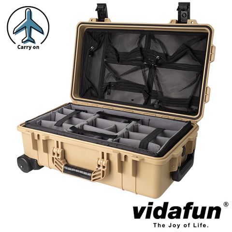 Vidafun V22 防水氣密抗撞提把滑輪箱 沙色【氣密箱+內膽隔板組(灰色)+上蓋收納網袋】