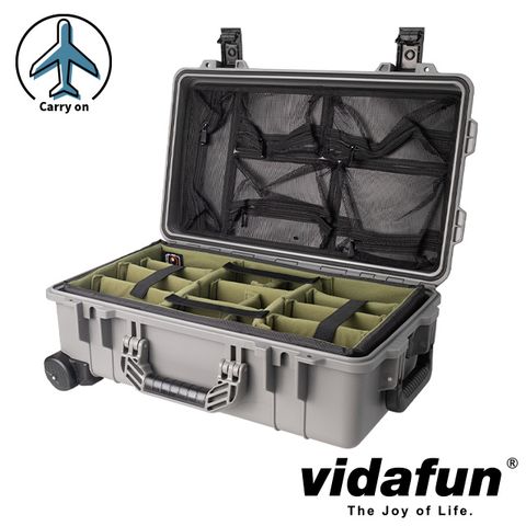 Vidafun V22 防水氣密抗撞提把滑輪箱 灰色【氣密箱+內膽隔板組(綠色)+上蓋收納網袋】