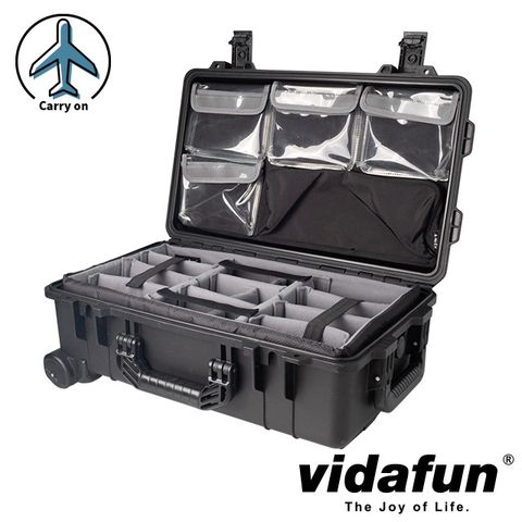 Vidafun V22 防水氣密抗撞提把滑輪箱 黑色【氣密箱+內膽隔板組(灰色)+上蓋收納袋】