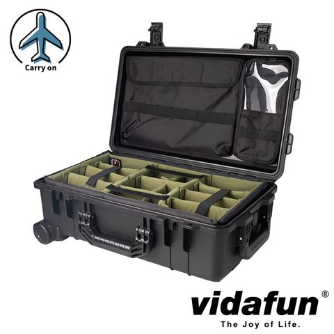 Vidafun V22 防水氣密抗撞提把滑輪箱 黑色【氣密箱+內膽隔板組(綠)+ 15吋筆電上蓋收納袋】