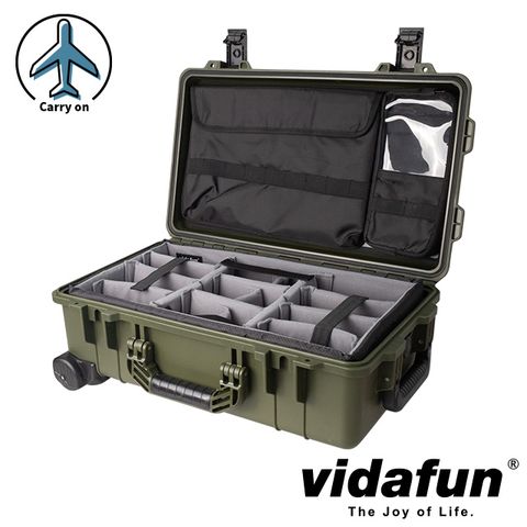 Vidafun V22 防水氣密抗撞提把滑輪箱 綠黑色【氣密箱+內膽隔板組(灰色)+15"筆電上蓋收納袋】