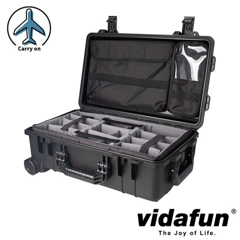 Vidafun V22 防水氣密抗撞提把滑輪箱 黑色【氣密箱+內膽隔板組(灰色)+15"筆電上蓋收納袋】