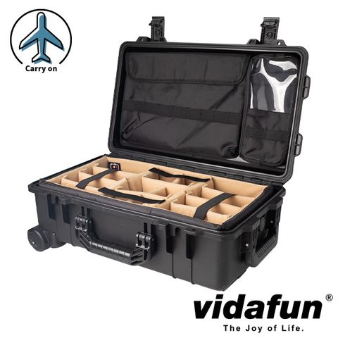 Vidafun V22 防水氣密抗撞提把滑輪箱 黑色【氣密箱+內膽隔板組(沙色)+ 15吋筆電上蓋收納袋】