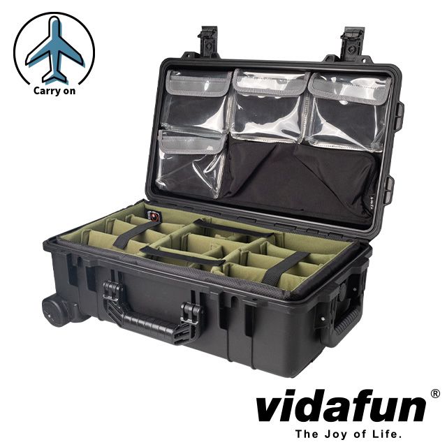 Vidafun  V22 防水氣密抗撞提把滑輪箱 黑色【氣密箱+內膽隔板組(綠)+ 上蓋收納袋】