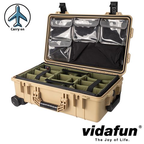 Vidafun V22 防水氣密抗撞提把滑輪箱 沙黑色【氣密箱+內膽隔板組(綠)+上蓋收納袋】