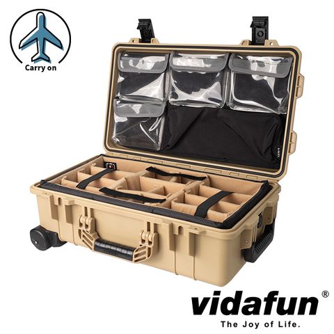 Vidafun V22 防水氣密抗撞提把滑輪箱 沙黑色【氣密箱+內膽隔板組(沙色)+上蓋收納袋】