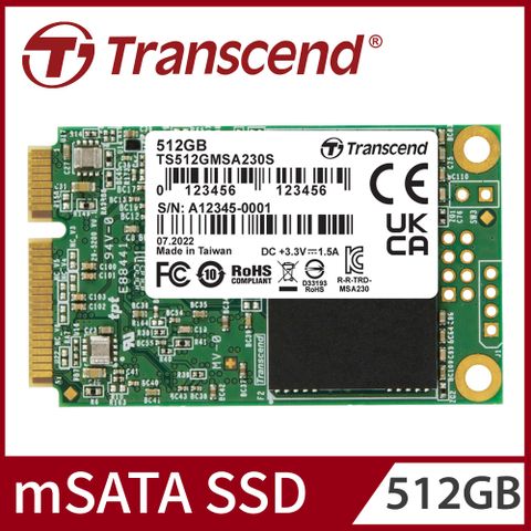 內建DRAM 效能更好【Transcend 創見】MSA230S 512GB mSATA SATA Ⅲ SSD固態硬碟 (TS512GMSA230S)
