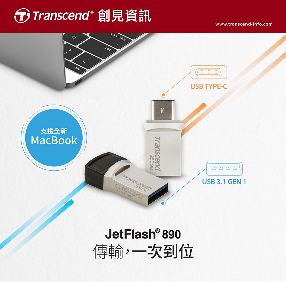 Transcend 創見 256GB JetFlash890 Type C OTG雙頭隨身碟-晶燦銀(TS256GJF890S ...