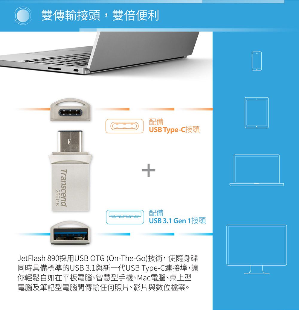 Transcend 創見 256GB JetFlash890 Type C OTG雙頭隨身碟-晶燦銀(TS256GJF890S ...