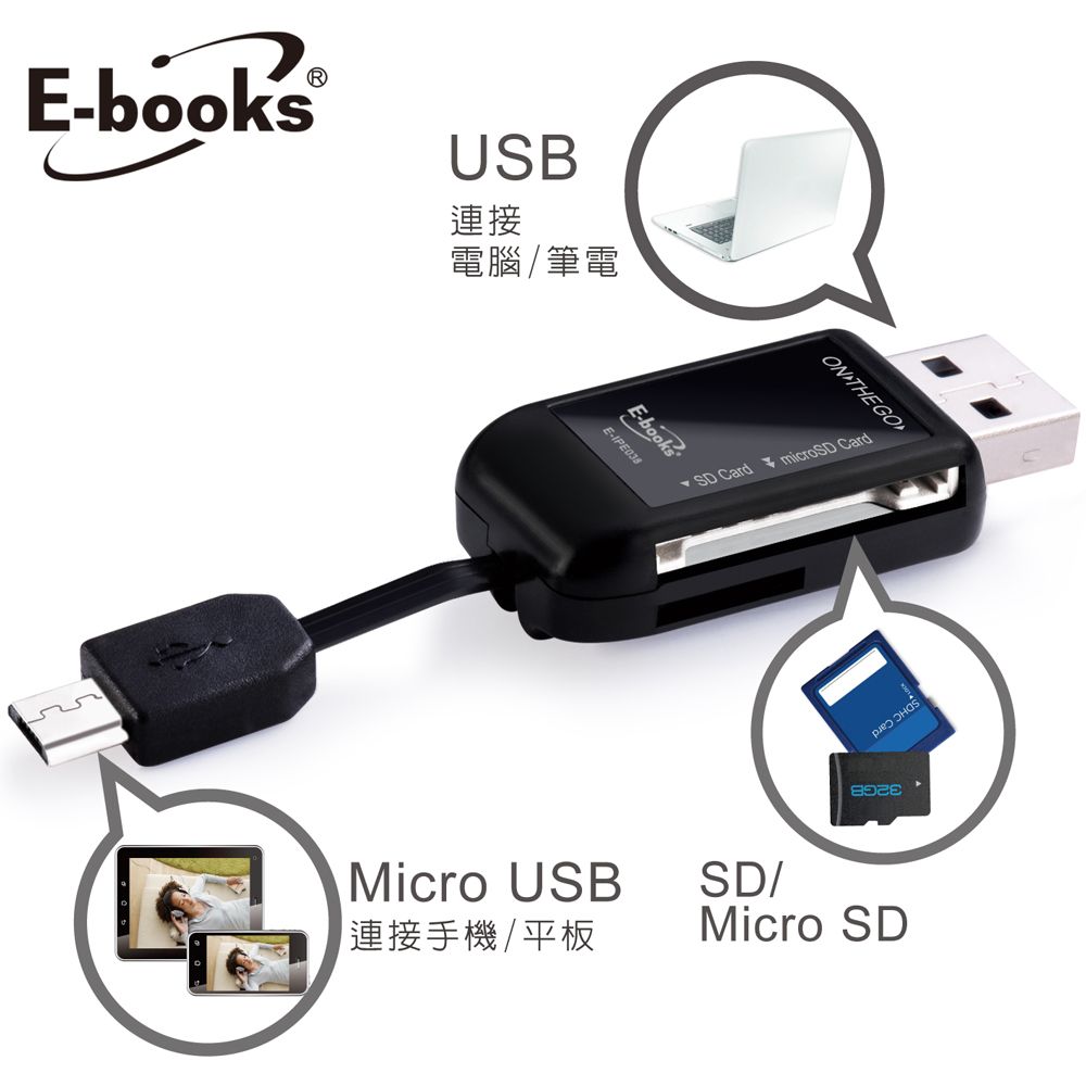 E-books 適用電腦/筆電 T21 Micro USB+USB雙介面OTG讀卡機