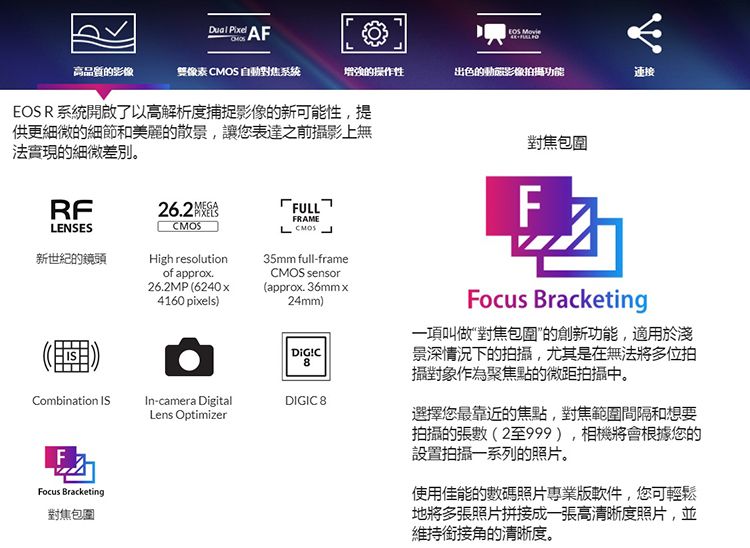 AF Movie高品質的影像雙像素CMOS 自動對焦系統增強的操作性出色的動影像拍攝功能連接EOS R系統開啟了以高解析度捕捉影像的新可能性,提供更細微的細節和美麗的散景,讓您表達之前攝影上無法實現的細微差別。RFLENSES新世紀的鏡頭FRAMEMEGAFULLCMOSHigh resolution35mm full-frameof approxCMOS sensor對焦包圍FFocus Bracketing26.2MP (6240x4160 pixels)(approx.36mmx24mm)8一項叫做“對焦包圍的創新功能,適用於淺景深情況下的拍攝,尤其是在無法將多位拍攝對象作為聚焦點的微距拍攝中。Combination In-camera DigitalDIGIC8Lens OptimizerFocus Bracketing對焦包圍選擇您最靠近的焦點,對焦範圍間隔和想要拍攝的張數(2至999),相機將會根據您的設置拍攝一系列的照片。使用佳能的數碼照片專業版,您可輕鬆地將多張照片拼接成一張高清晰度照片,並維持銜接角的清晰度。