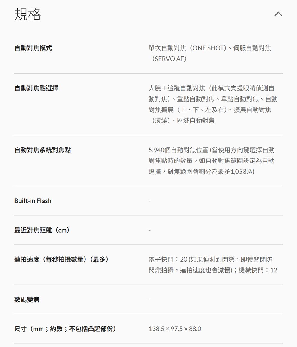 規格自動對焦模式單次自動對焦(ONE SHOT)、自動對焦(SERVO AF)自動對焦點選擇人臉+追蹤自動對焦(此模式支援眼睛偵測自動對焦)、重點自動對焦、單點自動對焦、自動對焦擴展(上、下、左及右)、擴展自動對焦(環繞)、區域自動對焦自動對焦系統對焦點5,940個自動對焦位置(當使用方向鍵選擇自動對焦點時的數量。如自動對焦範圍設定為自動選擇,對焦範圍會劃分為最多1,053區)Built-in Flash最近對焦距離(cm)連拍速度(每秒拍攝數量)(最多)數碼變焦電子快門:20(如果偵測到閃爍,即使關閉防閃爍拍攝,連拍速度也會減慢);機械快門:12尺寸(mm;約數;不包括凸起部份)138.597.588.0