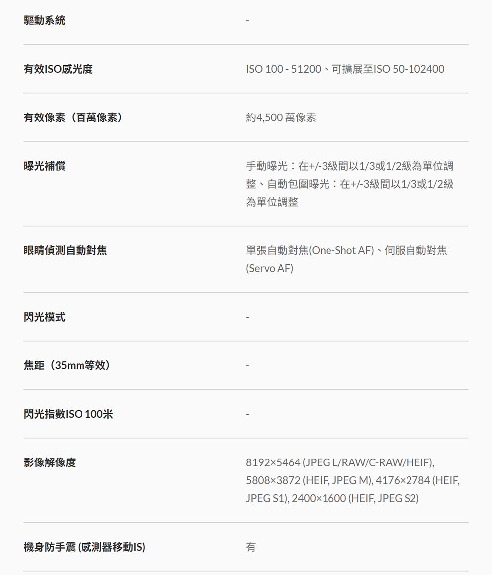 驅動系統效ISO感光度ISO 100 -51200、可擴展至ISO 50-102400有效像素(百萬像素)約4,500萬像素曝光補償眼睛偵測自動對焦閃光模式焦距(35mm等效)閃光指數ISO 100米影像解像度手動曝光:在+/-3級間以1/3或1/2級為單位調整、自動包圍曝光:在+/-3級間以1/3或1/2級為單位調整單張自動對焦(One-Shot AF)、伺服自動對焦(Servo AF)81925464(JPEG L/RAW/C-RAW/HEIF),58083872 (HEIF, JPEG M), 4176×2784 (HEIF,JPEG S1), 2400×1600 (HEIF, JPEG S2)機身防手震(感測器移動IS)有