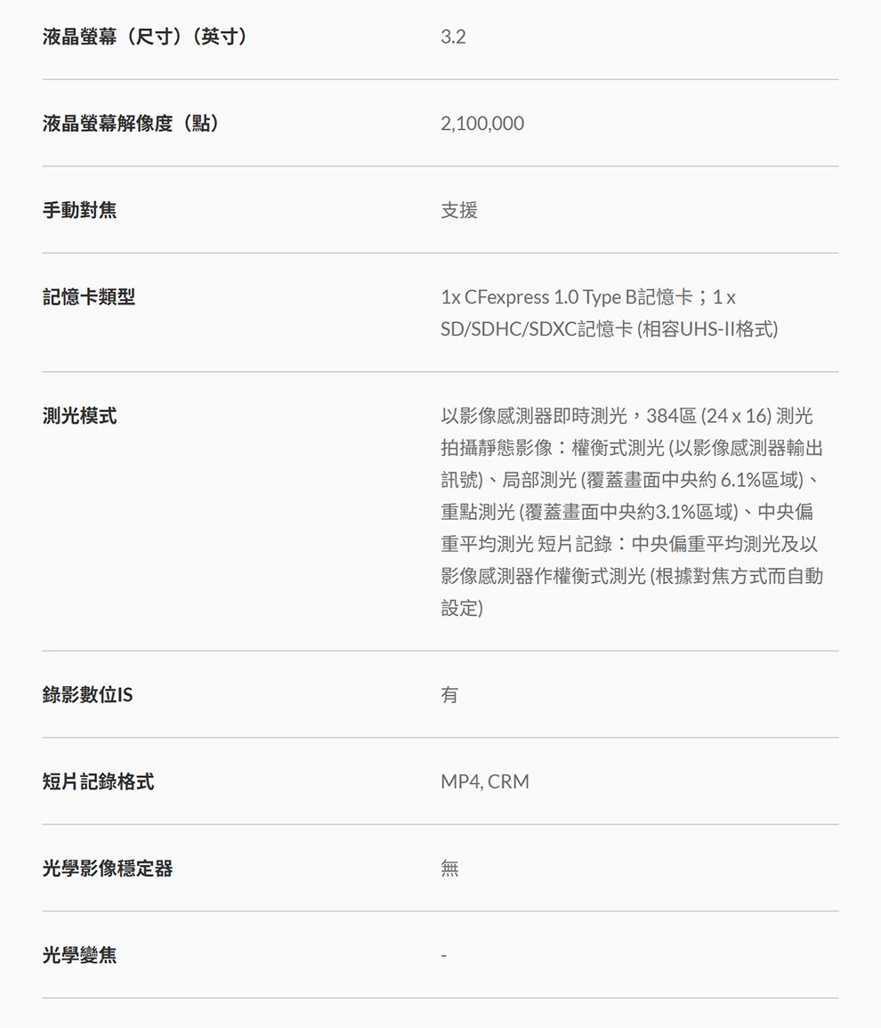 液晶螢幕(尺寸)(英寸)3.2液晶螢幕解像度(點)手動對焦2,100,000支援記憶卡類型1x CFexpress 1.0 Type B記憶卡;1xSD/SDHC/SDXC記憶卡(相容UHS-II格式)測光模式以影像感測器即時測光,384區(24x16) 測光拍攝靜態影像:權衡式測光(以影像感測器輸出訊號)、局部測光(覆蓋畫面中央約6.1%區域)、重點測光 (覆蓋畫面中央約3.1%區域)、中央偏重平均測光 短片記錄:中央偏重平均測光及以影像感測器作權衡式測光(根據對焦方式而自動設定)錄影數位短片記錄格式有MP4, CRM光學影像穩定器無光學變焦