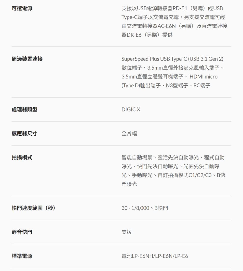 可選電源支援USB電源轉接器PD-E1(另購)經USBType-C端子以交流電充電。另支援交流電可經由交流電轉接器AC-E6N(另購)及直流電連接器DR-E6(另購)提供周邊裝置連接SuperSpeed Plus USB Type-C (USB 3.1 Gen 2)數位端子、3.5mm直徑外接麥克風輸入端子、3.5mm直徑立體聲耳機端子、HDMI micro(Type D)輸出端子、N3型端子、PC端子處理器類型DIGICX感應器尺寸全片幅拍攝模式智能自動場景、靈活先決自動曝光、程式自動曝光、快門先決自動曝光、光圈先決自動曝光、手動曝光、自訂拍攝模式C1/C2/C3、B快門曝光快門速度範圍(秒)30-1/8,000、B快門靜音快門支援標準電源電池LP-E6NH/LP-E6N/LP-E6