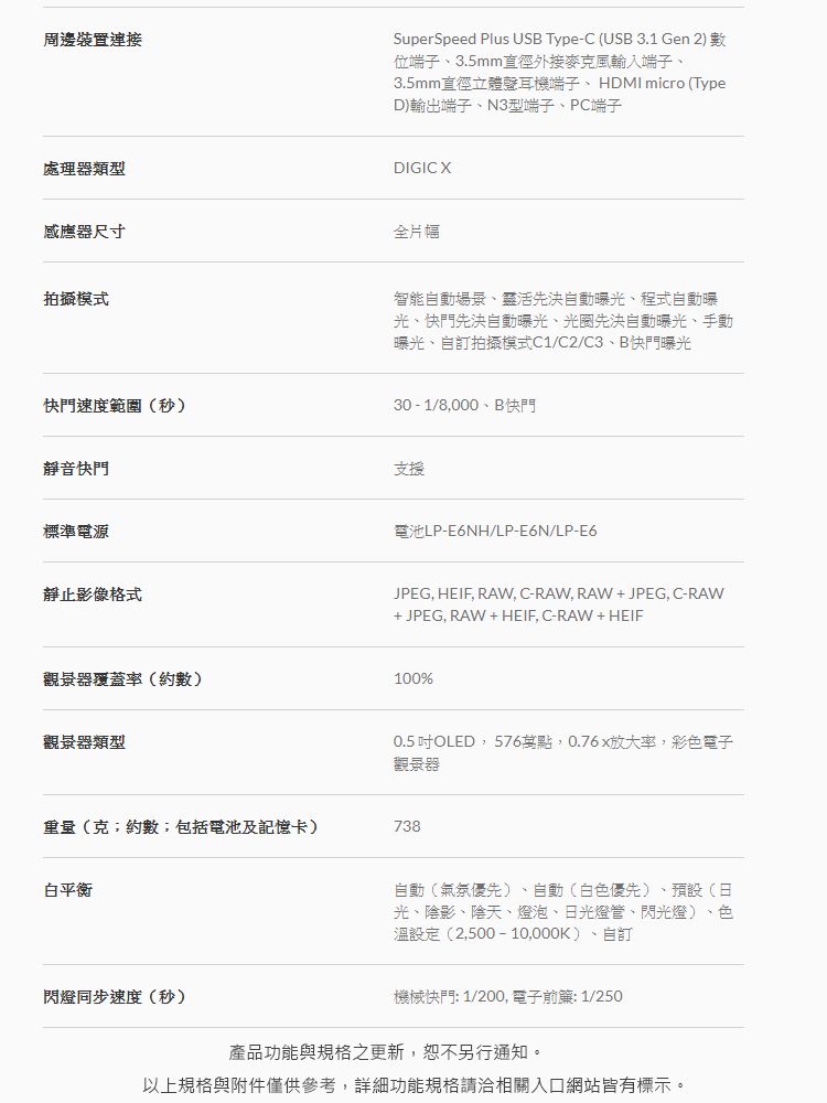 周邊裝置SuperSpeed Plus USB Type-C (USB 3.1 Gen 2)數位端子、3.5mm直徑外接麥克風輸入端子、3.5mm直徑立體聲耳機端子、HDMI micro (TypeD)輸出端子、N3型端子、PC端子處理器類型DIGICX感應器尺寸全片幅拍攝模式快門速度範圍(秒)靜音快門標準電源靜止影像格式智能自動場景、靈活先決自動曝光、程式自動曝光、快門先決自動曝光、光圈先決自動曝光、手動曝光、自訂拍攝模式C1/C2/C3、B快門曝光30-1/8000、B快門支援電池LP-E6NH/LP-E6N/LP-E6JPEG , RAW,C-RAW,RAW+JPEG,C-RAW+ JPEG, RAW +HEIF,C-RAW+ HEIF觀景器覆蓋率(約數)100%觀景器類型0.5吋OLED,576萬點,0.76x放大率,彩色電子觀景器(克;約數;包括電池及記憶卡)738白平衡閃燈同步速度(秒)自動(氣氛優先) 自動(白色優先)、預設(日光、陰影、陰天、燈泡、日光燈管、閃光燈)、色溫設定(2,500-10,000K)、自訂機械快門: 1/200,電子前簾:1/250產品功能與規格之更新,恕不另行通知。以上規格與附件僅供參考,詳細功能規格請洽相關入口網站皆有標示。