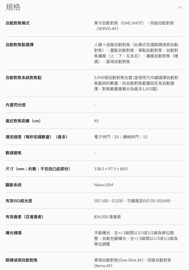 規格自動對焦模式自動對焦點選擇自動對焦系統對焦點單次自動對焦(ONE SHOT)、伺服自動對焦(SERVO AF)人臉+追蹤自動對焦(此模式支援眼睛偵測自動對焦) 重點自動對焦、單點自動對焦、自動對焦擴展(上、下、左及右)、擴展自動對焦(環繞) 區域自動對焦5,940個自動對焦位置(當使用方向鍵選擇自動對焦點時的數量。如自動對焦範圍設定為自動選擇,對焦範圍會劃分為最多1,053區)內置閃光燈最近對焦距離(cm)45連拍速度(每秒拍攝數量)(最多)電子快門:20;機械快門:12數碼變焦尺寸(mm;約數;不包括凸起部份)驅動系統有效ISO感光度有效像素(百萬像素)曝光補償138.597.588.0Nano USMISO 100 -51200、可擴展至ISO 50-102400約4,500萬像素手動曝光:在+/-3級間以1/3或1/2級為單位調整、自動包圍曝光:在+/-3級間以1/3或1/2級為單位調整眼睛偵測自動對焦單張自動對焦(One-Shot AF)、伺服自動對焦(Servo AF)