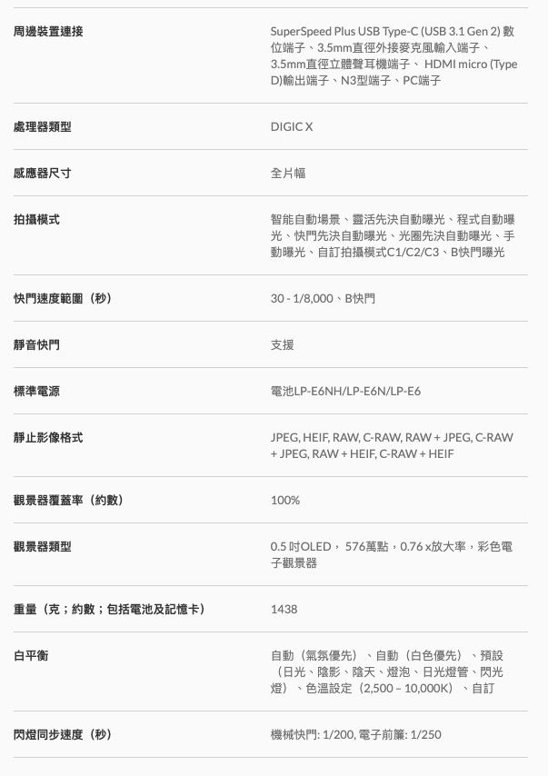 周邊裝置連接SuperSpeed Plus USB Type-C USB 3.1 Gen 2) 數位端子、3.5mm直徑外接輸入端子、3.5mm直徑立體聲耳機端子、HDMI micro (TypeD)輸出端子、3型端子、PC端子處理器類型DIGIC X感應器尺寸全片幅拍攝模式快門速度範圍(秒)靜音快門標準電源靜止影像格式智能場景、靈活先決自動曝光、程式自動曝光、快門先決自動曝光、光圈先決自動曝光、手動曝光、自訂拍攝模式C1/C2/C3、B快門曝光30-1/8000、B快門支援電池LP-E6NH/LP-E6N/LP-E6JPEG, HEIF, RAW,C-RAW, RAW+JPEG, C-RAW+JPEG, RAW+ HEIF,C-RAW+HEIF觀景器覆蓋率(約數)100%觀景器類型0.5 吋OLED,576萬點,0.76x放大率,彩色電子觀景器重量(克;約數;包括電池及記憶卡)1438白平衡自動(氣氛優先)自動(白色優先)、預設(日光、陰影、陰天、燈泡、日光燈管、閃光燈)、色溫設定 (2,500-10,000K)、自訂閃燈同步速度(秒)機械快門: 1/200 電子前簾:1/250