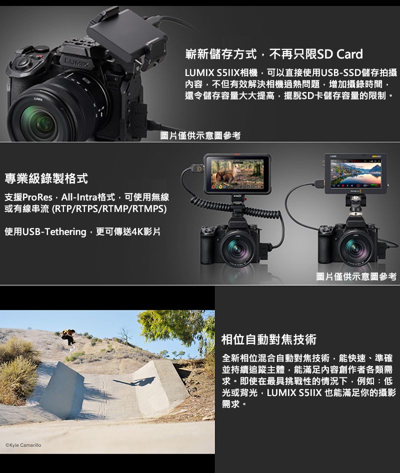 嶄新儲存方式不再只限SD CardLUMIXLUMIX 相機可以直接使用USB-SSD儲存拍攝內容不但有效解決相機過熱問題增加攝錄時間還令儲存容量大大提高擺脫SD卡儲存容量的限制。圖片僅供示意圖參考專業級錄製格式支援ProResAll-Intra格式可使用無線或有線串流 (RTP/RTPS/RTMP/RTMPS)使用USB-Tethering更可傳送4K影片 Camarillo圖片僅供示意圖參考相位自動對焦技術全新相位混合自動對焦技術,能快速、準確並持續追蹤主體,能滿足內容創作者各類需求。即使在最具挑戰性的情況下,例如:低光或背光,LUMIX S5IIX 也能滿足你的攝影需求。