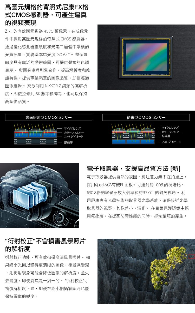 高圖元規格的背照式尼康FX格式CMOS感測器,產生逼真的視頻表現 的有效圖元數為4575萬像素,在成像元件中採用高圖元規格的背照式CMOS 感測器。通過優化感測器靈敏度和光電二極體中累積的光資訊量,實現基本感光度 ISO 64*。整個靈敏度具有廣泛的動態範圍,可提供豐富的色調表示。 與圖像處理引擎合作,提高解析度和雜訊特性,提供專業滿意的圖像品質,即使經過圖像編輯。 充分利用 NIKKOR Z鏡頭的高解析度,即使拉伸到8K數字標牌等,也可以保持高圖像品質。裏面照射型 CMOSマイクロレズフォトダイオード配線層来型CMOSン廿一マイクロレンズ夕一配線層フォトダイオード電子取景器,支援高品質方法[新]電子取景器提供自然的視圖,將注意力集中在拍攝上。採用Quad-VGA有機EL面板,可達到約100%的視場比、約0.8倍的取景器放大倍率和約37.0°的對角視角。利用尼康專有光學技術的取景器光學系統,確保接近光學取景器的視野,其像差小、清晰。在目鏡保護透鏡中採用塗層,在提高防污性能的同時,抑制耀斑的產生。衍射校正不會損害風景照片的解析度衍射校正功能,可有效拍攝高清風景照片。 如果縮小光圈以獲得更清晰的圖像,使景深變深,則衍射現象可能會降低圖像的解析度,並失去,即使對焦是一對一的。 衍射校正可補償解析度下降,即使在縮小拍攝範圍時也能保持圖像的銳度。