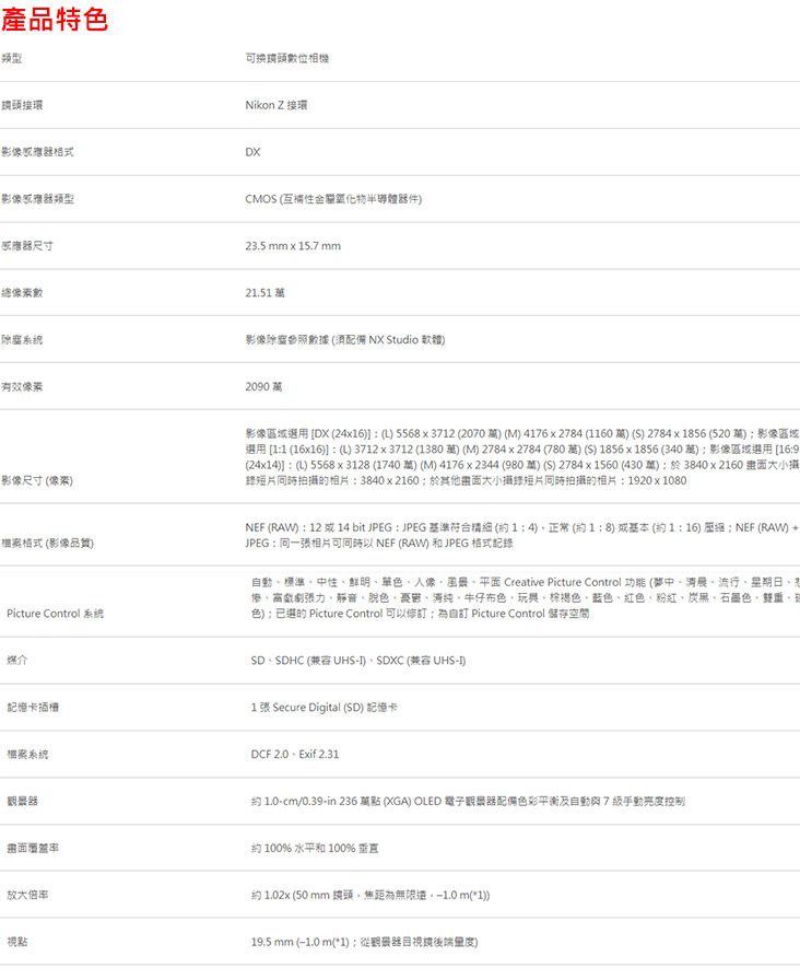 產品特色類型位相接環Nikon 接環影像器DX影像感應器類型CMO 互補半導體器件感應器尺寸23.5 mm  15.7 mm總像素數21.51 塵系統有效像素影像尺寸像素機格式 (影像品質Picture Control 系統媒介記憶卡插槽影像除參照數據(須配備 NX Studio 軟體2090 影像區域用 DX (24x16 (5568x3712 (2070  (M 4176x2784 (1160 ) (S) 2784x1856 (520)影像區域選用 11 (16x16)] (L)3712x3712 (1380) (M) 2784x2784 (780 ) (S) 1856x1856 (340)影像區域選用 [169(24x14)]:(L) 5568x3128 (1740 萬) (M)4176x2344 (980萬) (S) 2784x1560(430):於3840x2160 大小短片拍相片:3840x2160;於其他大小攝短片同時拍攝的相片:1920x1080 (RAW):1214 bit :JPEG 基準(約1:4)正常(約1:8)或基本(約1:16) :NEF (RAW) +JPEG:同一張相片同時 NEF (RAW) 和JPEG 格式記錄動標準中性鮮明單色人像平面 Creative Picture Control 功能 (夢中流行星期日戲劇張力靜音脫色清純牛仔色玩、棕褐色、蓝色、紅色、粉紅、、色、、色):選的 Picture Control 可以修訂;自訂 Picture Control 儲存空間、SDHC (兼容 UHS)、SDXC (兼容 UHS)1張 Secure Digital (SD) 記憶卡系統DCF 2.0、Exif 2.31約1:0cm/0.39in 236 萬 (XGA) OLED 電子觀眾器配備色彩平衡及自動與7亮度控制畫面約 100% 水平和 100% 垂直放大倍率視點約2x (50 mm 鏡頭焦距為1.0 m(*1))19.5 mm ( m(*1):從觀景器目視後端)