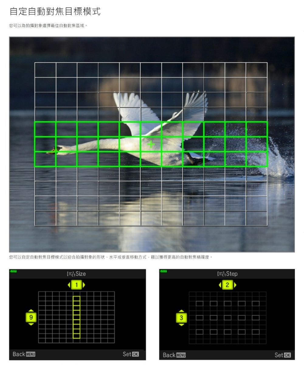 自定自動對焦目標模式您可以為拍攝對象選擇最佳自動對焦區域。您可以自定自動對焦目標模式以迎合拍攝對象的形狀、水平或垂直移動方式,藉以獲得更高的自動對焦精確度。Size193Step2Back MENUSet Back MENUSet