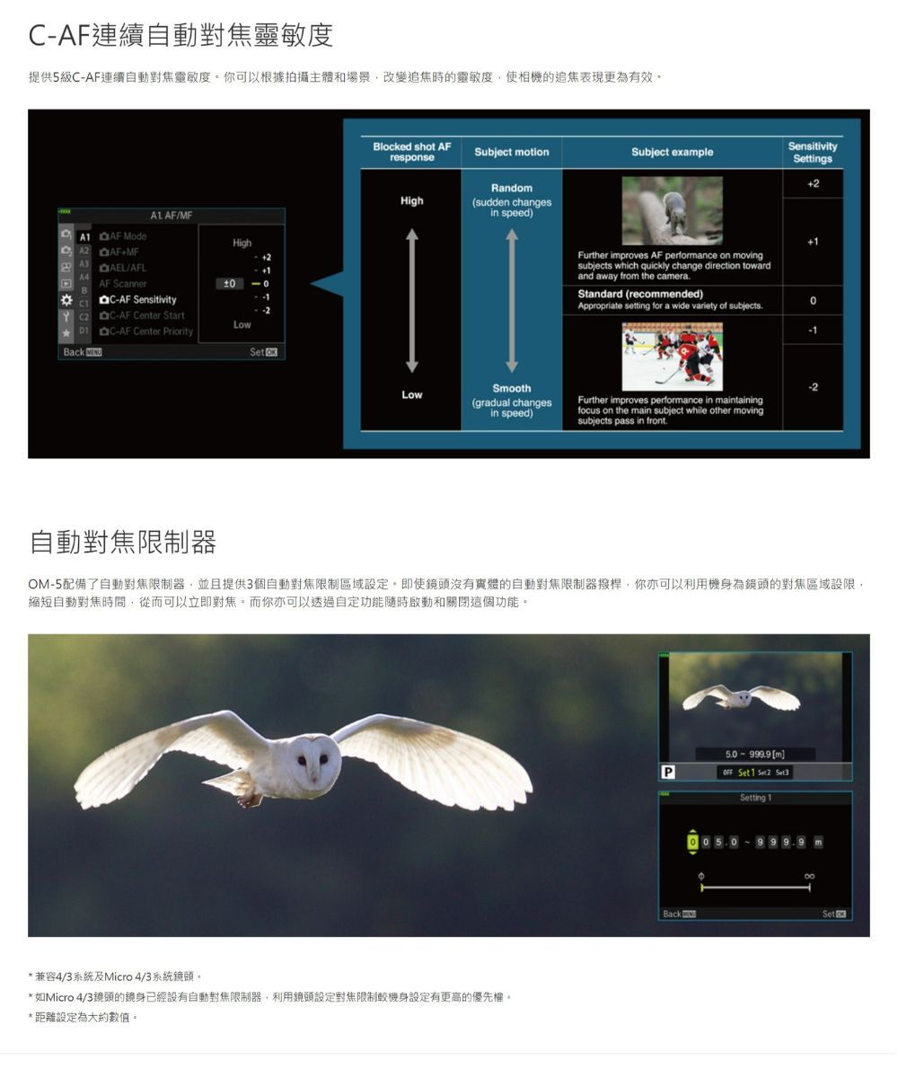 連續自動對焦靈敏度提供5級-AF連續自動對焦靈敏度你可以根據拍攝主體和場景改變追焦時的靈敏度,使相機的追焦表現更為有效。ALAF/MFA AF ModeHigh +MF/AFLAF ScannerC-AF SensitivityC-AF Center Start C-AF Center PriorityBackBlocked shot AFSubject motionSubject exampleresponseSensitivitytingsHighRandomsudden changesin speed)+LowFurther improves AF performance on movingsubjects which quickly change direction towardand away from the cameraStandard (recommended)0Appropriate setting for a wide variety of subjects-Smooth(gradual changesin speed)Further improves performance in maintainingfocus on the main subject while other movingsubjects pass in front自動對焦限制器OM-5配備了自動對焦限制器,並且提供3個自動對焦限制區域設定。即使頭沒有實體的自動對焦限制器撥桿,你亦可以利用機身為鏡頭的對焦區域設限,縮短自動對焦時間,從而可以立即對焦。而你亦可以透過自定功能隨時啟動和關閉這個功能。* 兼容4/3系統及Micro 4/3系統鏡頭。* 如Micro 4/3鏡頭的鏡身已經設有自動對焦限制器,利用鏡頭設定對焦限制較機身設定有更高的優先權。*距離設定為大約數值。PBack5.0 -  m  1 Set 2 Setting 1Set