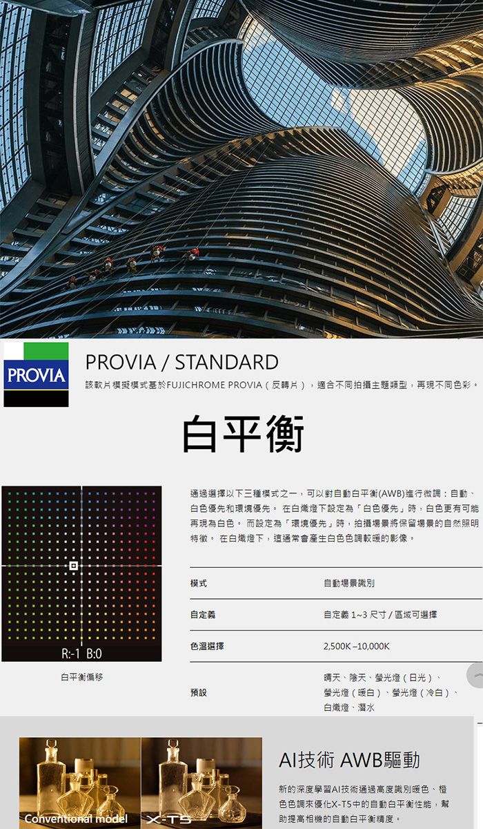 PROVIA / STANDARDPROVIA該款片模式基於FUJICHROME PROVIA(反轉片),適合不同拍攝主題類型,再現不同色彩。白平衡通過選擇以下三種模式之一,可以對白平衡(AW)進行微調:自動、白色優先和環境優先。 在白熾燈下設定為「白色優先」時,白色更有可能再現為白色。 而設定為「環境優先」時,拍攝場景將保留場景的自然照明特徵。 在白熾燈下,這通常會產生白色色調較暖的影像。模式自動場景識別自定義自定義 1~3 尺寸/區域可選擇色溫選擇R:1 B:0白平衡預設Conventional model -2,500K-10,000K晴天、陰天、螢光燈(日光)、螢光燈(暖白)、螢光燈(冷白)、白熾燈、潛水AI技術 AWB驅動新的深度學習AI技術通過高度識別暖色、橙色色調來優化X-T5中的自動白平衡性能,幫助提高相機的自動白平衡精度。