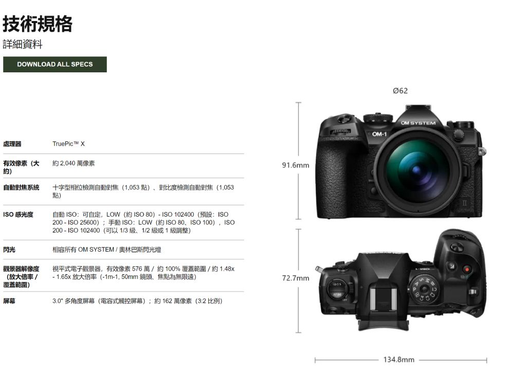 技術規格詳細資料DOWNLOAD ALL SPECS處理器TruePic 有效像素大) 2040 萬像素對焦系統十字型相位檢測自動對焦(1,053點)對比度檢測自動對焦(1,053點)ISO感光度自動 ISO可自定,LOW (約 ISO 80)ISO 102400 (預設:ISO200 - ISO 25600)手動ISO:LOW (約 ISO 80ISO 100), ISO200 - ISO 102400(可以13、1/2級或1級調整)91.6mm閃光觀景器解像度(放大倍率/覆蓋範圍)屏幕相容所有  SYSTEM / 奧林巴斯閃光燈視平式電子觀景器,有效像素576萬/約100%覆蓋範圍 / 約 1.48x- 1.65x 放大倍率(-1m-150mm鏡頭、焦點為無限遠)3.0 多角度屏幕(電容式觸控屏幕);約162萬像素(3:2 比例)72.7mm062OM-1OM SYSTEM134.8mm