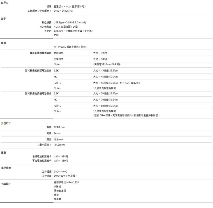 牙源外型尺寸環境 版本4.2  功耗 工作中心频率)242~24MHz位 USB Type- USB3.2 Gen2x1)HDMI輸出 HDMI 微型(D型)其他的ø3.5mm接頭()NP- (附)影像的電池 模式大約正常模式Notes影片拍摄的電池 大約張XF35mm F1.4 大約(29.97p)大約(59.94p)大約(59.94p)、約分鐘(120P)Notes影片拍攝的持續電池6.2KNotes低為關閉大約(29.97p)大約分鐘(59.94p)大約80分鐘(59.94p)寬度 123.8mm84mm深度48.8mm(最小深度 ) (34.2mm)包括電池和卡 大約不含電池和記憶卡大約 389包含配件工作溫度 0~+40C工作濕度10%~80%(無)子電池 NP-W126SUSB 線耳接頭機身* CIPA 機電拍攝的張數。