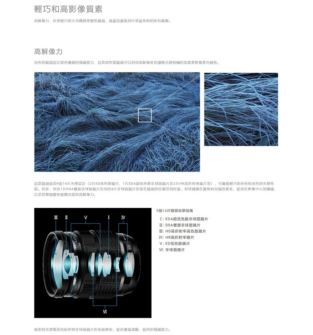 輕巧和高影像質素高解像力,外型輕巧的大光圈標準變焦鏡頭,涵蓋由廣角到中望遠的所有範圍。高解像力出色的鏡頭設計提供優越的描繪能力,這款高性能鏡頭可以利用高解像度拍攝模式將相機的高質素影像推向極致。這款鏡頭採用914片光學設計(2片ED1片EDA超低色散非球面及2片HR高折射率鏡片等),可實現輕巧的外形和出色的光學性能。此外,包括1片DSA雙面非球面鏡片在内的4片非球面鏡片安放在鏡頭的位置恰到好處,有效補償在變焦時出現的象差,從而在影像中心到邊緣,以至是整個變焦範圍內提供高解像力。I VI9組14片鏡頭光學結構IEDA超低色散非球面鏡片:DSA雙面非球面鏡片Ⅲ: HD高折射率高色散鏡片IV: HR高折射率鏡片V:ED低色散鏡片VI: 非球面鏡片最新的光學製造技術抑制非球面鏡片的表面散射,從而實現清晰、銳利的描繪能力。