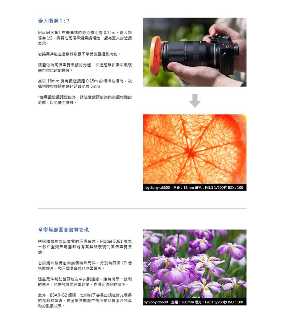 最大12Model B061 在廣角端的最近 0.15m最大為 12與其他高倍率相比,擁有的近它讓用戶能在高模糊散景下享受微距影功能。做為高倍率變焦的,在近距離拍攝中展現無與倫比的創造性。 18mm 廣角最近摄距 0.15m 的標準拍攝時,被攝物體與鏡頭前端的距離約為 5mm*使用最近摄距時,請注意鏡頭前端與被攝物體的距離,以免產生接觸。 by Sony a6600 焦距:18mm 曝光: F/3.5 1/500秒 ISO : 100變焦表現透過騰龍對傑出的不懈追求,Model B061 成為一款在全變焦範圍都能有高解析表現的高倍率變焦。它的片結構包含幾個特殊元件,分別為四個LD 低色散鏡片,和三個混合式非球面鏡片。這些元件幫助鏡頭能在中央到,維持清晰銳利的圖片,色差和其他光學畸變,也得到很好的修正。此外,BBAR-G2 ,也抑制了容易出現在場景的鬼影和耀斑,在全變焦範圍中提供高品質圖片和柔和的散景效果。 by Sony a6600 焦距:300mm 曝光:F/6.3 1/200秒 ISO : 100