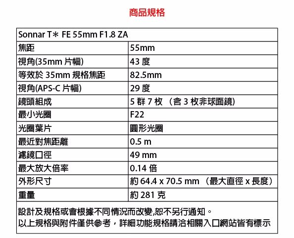 SONY 卡爾蔡司Sonnar T* FE 55mm F1.8 ZA(公司貨) - PChome 24h購物