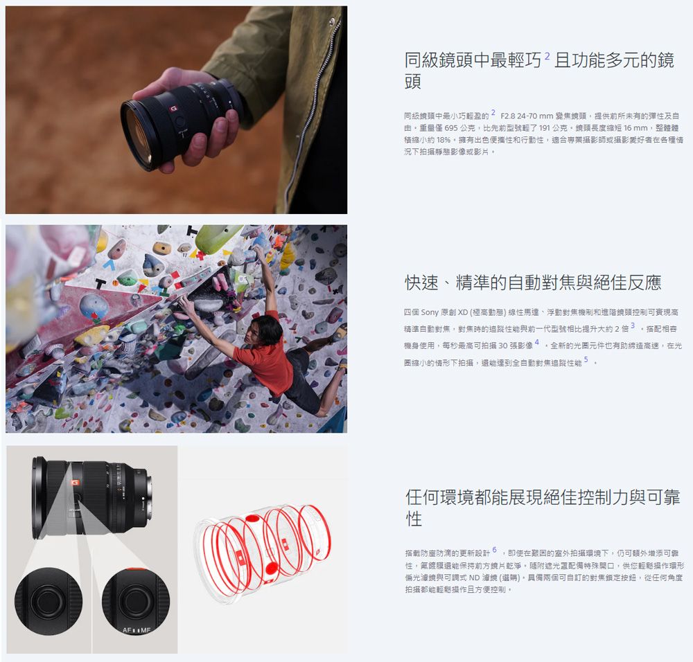 同級鏡頭中最巧且功能多元鏡頭同級鏡頭中最小巧輕盈的2F2.8 24-70mm 變焦鏡頭提供前所未有的彈性及自 69 公克比先前型號輕了191公克頭長度縮短 16mm整體積縮小約 18%擁有出色便攜性和行動性適合專業攝影師或攝影愛好者在各種情況下拍攝靜態影像或影片快速精準的自動對焦與絕佳反應四個 Sony 原創 XD (極高動態線性馬達、浮動對焦機制和進階鏡頭控制可實現高精準自動對焦對焦時的追蹤性能與前一代型號相比提升大約2倍3,搭配相機身使用,每秒最高可拍攝 30 張影像 4,全新的元件也有助締造高速,在光縮小的情形下拍攝,還能達到全自動對焦這蹤性能5,任何環境都能展現絕佳控制力與可靠性6搭戟防塵防滴的更新設計 ,即使在艱困的室外拍攝環境下,仍可外增添可靠性,無鍍膜還能保持前方片乾淨,隨附遮光罩配備特殊開口,供您輕鬆環形偏光與可調式 ND 濾鏡 (,具備兩個可自訂的對焦,從任何角度拍摄都能輕鬆且方便控制