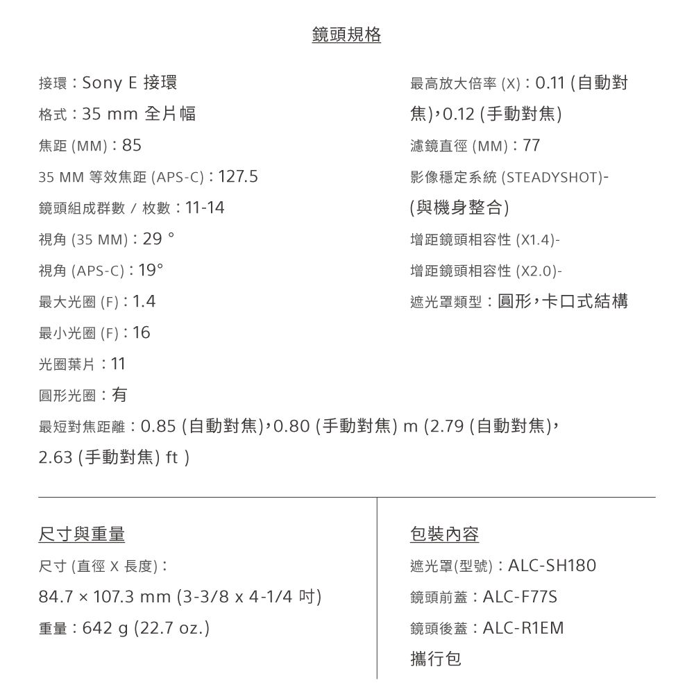 接環: Sony E 接環格式:35 mm 全片幅距(:8535  等效焦距(APS-C):127.5鏡頭組成群數/枚數:11-14視角 (35MM):29視角 (APS-C):19°最大光圈 (F):1.4最小光圈 (F):16光圈葉片:11圓形光圈:鏡頭規格最高放大倍率():0.11 (自動對焦)0.12 (手動對焦)濾鏡直徑(MM): 77影像穩定系統(STEADYSHOT)-(與機身整合)增距鏡頭相容性 (X1.4)-增距鏡頭相容性 (X2.0)-遮光罩類型:圓形卡口式結構最短對焦距離:0.85 (自動對焦)0.80 (手動對焦)m(2.79 (自動對焦),2.63 (手動對焦) ft)尺寸與重量尺寸 (直徑 X 長度):84.7×107.3 mm (3-3/8x4-1/4 )重量:642 g (22.7 oz.)包裝內容遮光罩(型號:ALC-SH180鏡頭前蓋:ALC-F77S鏡頭後蓋:ALC-R1EM攜行包