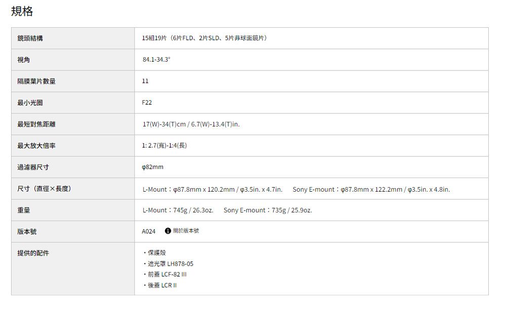規格鏡頭結構15組19片(6片FLD、2片SLD、5片非球面鏡片)視角841-34.3隔膜葉片11最小光圈F22最短對焦距離最大放大倍率過濾器尺寸尺寸(直徑長度)重量17(W)-34(T)cm / 6.7(W)-13.4(T)in.12.7()-14(長)L-Mountp87.8mm120.2mm/∮3.5in. x 4.7in. Sony E-mount:∮87.8mmx122.2mm/∮3.5in.x4.8in.L-Mount:745g / 26.3oz. Sony E-mount:735g / 25.9oz.版本號A024版本號提供的配件.保護殼遮光罩 LH878-05前蓋 LCF-82 後蓋 LCR