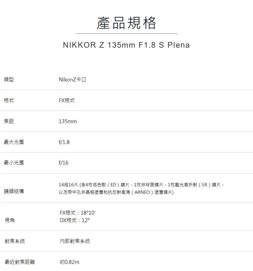 類型格式焦距產品規格NIKKOR Z 135mm F1.8 S PlenaNikonZ卡口FX格式135mm最大光圈f/1.8最小光圈f/16鏡頭結構視角14組16片 (含4枚低色散(ED)鏡片,1枚非球面镜片,1枚藍光高折射(SR)鏡片,以及带中孔非晶態塗層和抗反射高清(ARNEO)塗層镜片)FX格式:18°10DX格式:12°對焦系统內部對焦系统最近對焦距離約0.82m