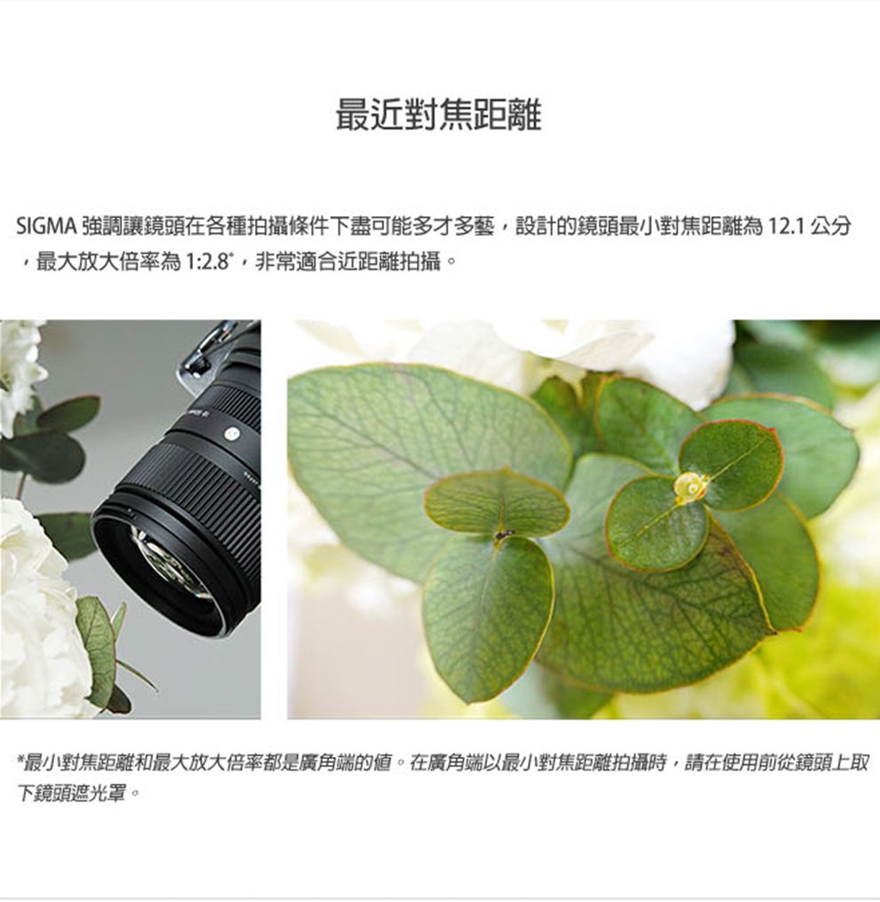 最近對焦距離SIGMA 強調讓鏡頭在各種拍攝條件下盡可能多才多藝設計的鏡頭最小對焦距離為12.1公分最大放大倍率為1:2.8*,非常適合近距離拍攝。*最小對焦距離和最大放大倍率都是廣角端的。在廣角端以最小對焦距離拍攝時,請在使用前從鏡頭上取下鏡頭遮光罩。