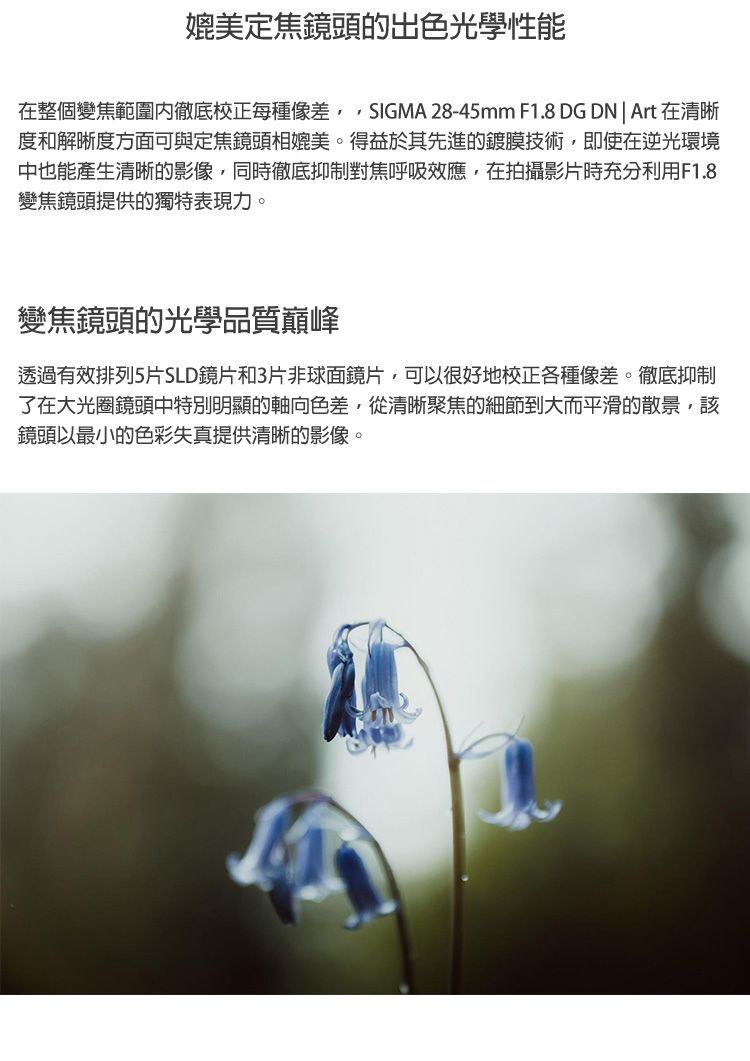 媲美定焦鏡頭的出色光學性能在整個變焦範圍徹底校正每種像差SIGMA 28-45mm F1.8 DGDN|Art 在清晰度和解晰度方面可與定焦鏡頭相媲美。得益於其先進的鍍膜技術,即使在逆光環境中也能產生清晰的影像,同時徹底抑制對焦呼吸效應,在拍攝影片時充分利用F1.8變焦鏡頭提供的獨特表現力。變焦鏡頭的光學品質巔峰透過有效排列5片SLD鏡片和3片非球面鏡片,可以很好地校正各種像差。徹底抑制了在大光圈鏡頭中特別明顯的軸向色差,從清晰聚焦的細節到大而平滑的散景,該鏡頭以最小的色彩失真提供清晰的影像。