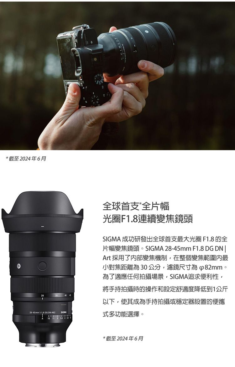 截至2024年6月28-45mm 1   全球首支*全片幅光圈F1.8連續變焦鏡頭SIGMA 成功研發出全球首支最大光圈 F1.8 的全片幅變焦鏡頭。SIGMA 28-45mm F1.8 DG DN |Art 採用了内部變焦機制在整個變焦範圍最小對焦距離為30公分,濾鏡尺寸為p82mm。為了適應任何拍攝場景,SIGMA追求便利性,將手持拍攝時的操作和設定舒適度降低到1公斤以下,使其成為手持拍攝或穩定器設置的便攜式多功能選擇。*截至2024年6月