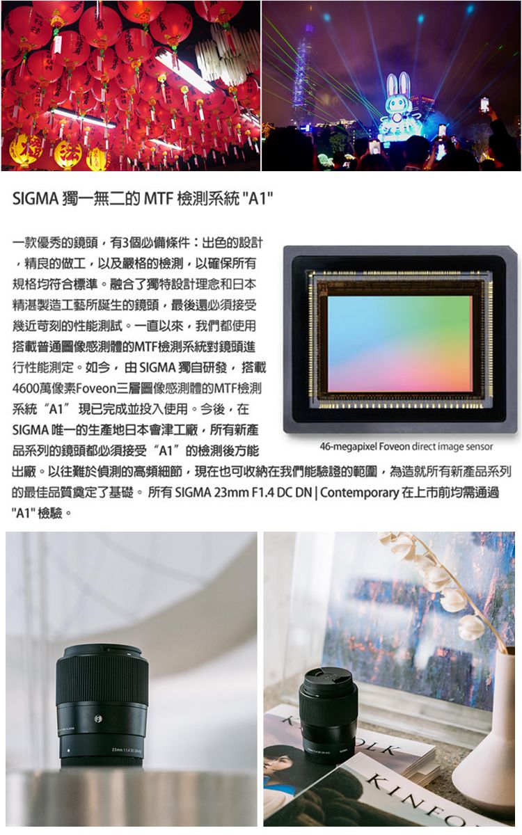 SIGMA 獨一無二的MTF 檢測系統A1一款優秀的鏡頭有3個必備條件:出色的設計精良的做工以及嚴格的檢測,以確保所有規格均符合標準。融合了獨特設計理念和日本精湛製造工藝所誕生的鏡頭,最後還必須接受幾近苛刻的性能測試。一直以來,我們都使用搭載普通圖像感測體的MTF檢測系統對鏡頭進行性能測定。如今,由SIGMA 獨自研發,搭載4600萬像素Foveon三層圖像感測體的MTF檢測系統“A1”現已完成並投入使用。今後,在SIGMA 唯一的生產地日本會津工廠,所有新產品系列的鏡頭都必須接受“A1”的檢測後方能出廠。以往難於偵測的高頻細節,現在也可收納在我們能驗證的範圍,為造就所有新產品系列的最佳品質奠定了基礎。所有 SIGMA 23mm F1.4 DCDN | Contemporary 在上市前均需通過A1檢驗。46-megapixel Foveon direct image sensorKINFO