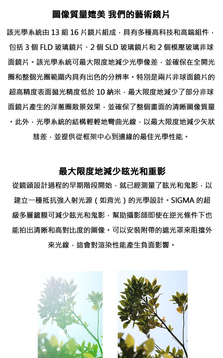 圖像質量媲美 我們的藝術鏡片該光學系統由13組16片鏡片組成,具有多種高科技和高端組件,包括 3 個 FLD 玻璃鏡片、2個SLD 玻璃鏡片和2個模壓玻璃非球面鏡片。該光學系統可最大限度地減少光學像差,並確保在全開光圈和整個光圈範圍具有出色的分辨率。特別是兩片非球面鏡片的超高精度表面拋光精度低於10納米,最大限度地減少了部分非球面鏡片產生的洋蔥圈散景效果,並確保了整個畫面的清晰圖像質量此外,光學系統的結構輕輕地彎曲光線,以最大限度地減少彗差,並提供從框架中心到邊緣的最佳光學性能。最大限度地減少眩光和重影從鏡頭設計過程的早期階段開始,就已經測量了眩光和鬼影,以建立一種抵抗入射光源(如背光)的光學設計。SIGMA 的超級多層鍍膜可減少眩光和鬼影,幫助攝影師即使在逆光條件下也能拍出清晰和高對比度的圖像。可以安裝附帶的遮光罩來阻擋外來光線,這會對渲染性能產生負面影響。