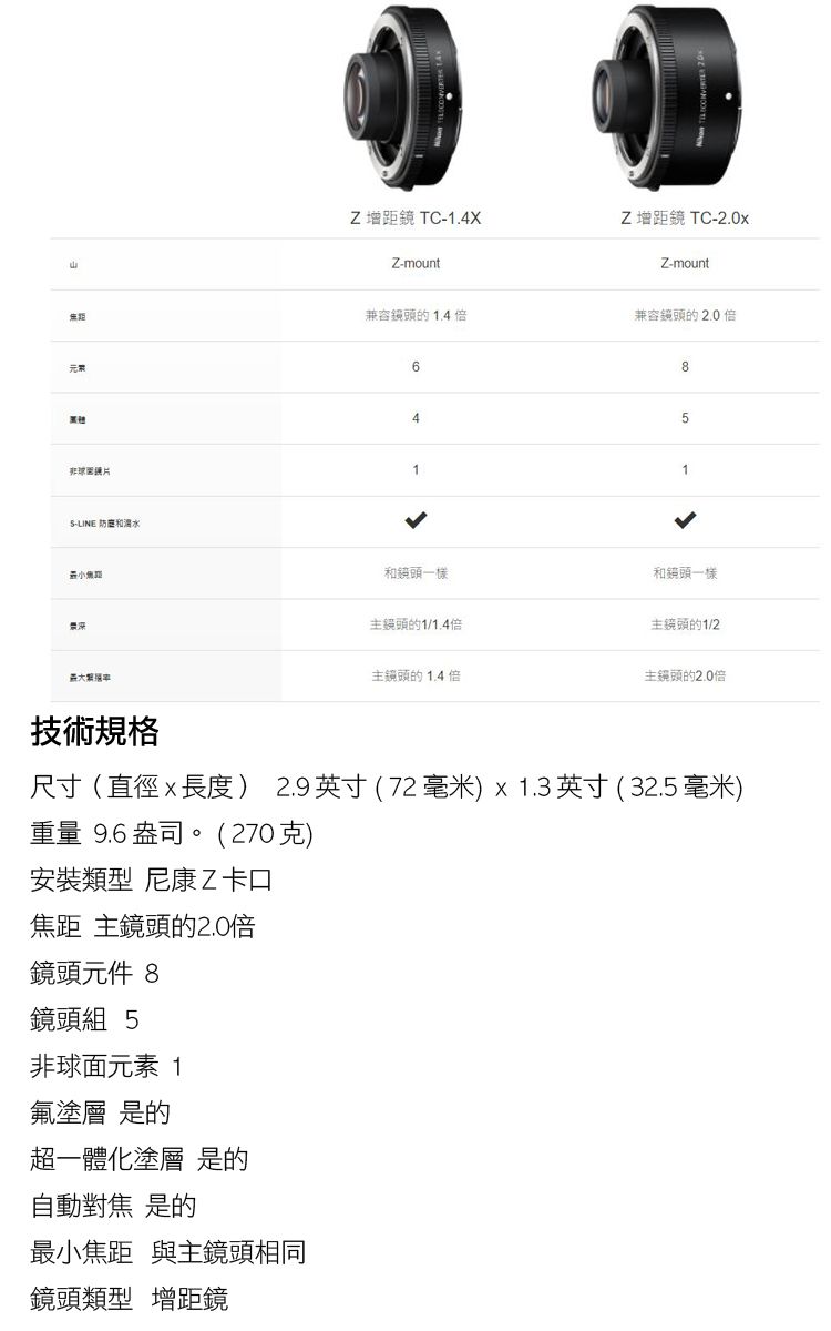 Z 增鏡 TC-1.4XZ-mountZ 增鏡 TC-2.0xZ-mount距兼容鏡頭1.4兼容鏡頭的2.0元素非球面-LINE 小距684511和鏡頭一樣和鏡頭一樣主鏡頭的1/1.4倍主鏡頭的1/2主鏡頭的1.4倍主鏡頭的2.0倍技術規格尺寸(直徑x長度) 2.9英寸(72毫米)1.3 英寸(32.5 毫米)重量 9.6 盎司。(270克)安裝類型 尼康Z 卡口焦距 主鏡頭的2.0倍鏡頭元件 8鏡頭組 5非球面元素 1氟塗層 是的超一體化塗層 是的自動對焦 是的最小焦距 與主鏡頭相同鏡頭類型 增距鏡