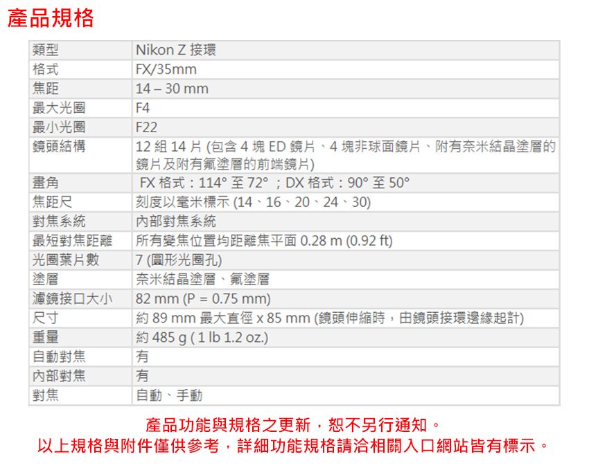 產品規格類型Nikon Z 接環FX/35mm14-30mm格式最大光圈F4最小光圈 鏡頭結構 焦距尺F2212組14片(包含4塊ED鏡片、4塊非球面鏡片、附奈米結晶塗層的鏡片及附氟塗層的前端鏡片)FX 格式:114°至72°;DX格式:90°至50°刻度以毫米標示(14、16、20、24、30)內部對焦系統對焦系統最短對焦距離所變焦位置均距離焦平面 0.28m (0.92 ft) 光圈葉片數塗層|濾鏡接口大小7(圓形光圈孔)奈米結晶塗層、氟塗層82mm (P=0.75 mm)尺寸重量動對焦內部對焦對焦約 89 mm 最大直徑x85mm(鏡頭伸縮時,由鏡頭接環邊緣起計)約 485 g (1 lb 1.2 oz.)有有自有有自動、手動產品功能與規格之更新,恕不另行通知。以上規格與附件僅供參考,詳細功能規格請洽相關入口網站皆有標示。