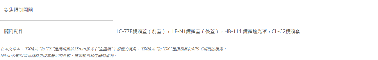 對焦限制開關隨附配件LC-77B(蓋-N1蓋(後蓋)HB-114 遮光罩CL-C2鏡頭套在本文件中,FX格式 和FX 是指相當於35mm格式(全畫幅)相機的視角,DX格式 和DX是指相當於APS-C相機的視角。Nikon公司保留可隨時更改本產品的外觀、技術規格和性能的權利。