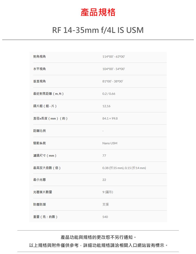 對角視角水平視角垂直視角產品規格RF 1435mm f/4L IS USM114630010400-540000 3800最近對焦距離(m,ft)0.2/0.66鏡片組(組-片)12,16直徑x長度(mm)(約)84.199.8距離比例驅動系統鏡尺寸(mm)最高放大倍數(倍)Nano USM770.38 (於35mm), 0.15 (於14mm)最小光圈22光圈葉片數量9(圖形)防塵防潮支援重量(:約數)540產品功能與規格的更改恕不另行通知。以上規格與附件僅供參考,詳細功能規格請洽相關入口網站皆有標示。