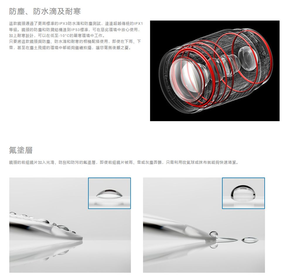 防塵、防水滴及耐寒這款鏡頭通過了更高標準的IPX3防水滴和防塵測試超越的IPX1等級鏡頭的防塵和防濺結構達到IP53標準,可在惡劣環境中放心使用,加上耐寒設計,可以在低至-10°C的嚴寒環境中工作。只要將這款鏡頭與防塵、防水滴和耐寒的相機配搭使用,即使在下雨、下雪,甚至在塵土飛揚的環境中都能夠繼續拍攝,讓您毫無。塗層鏡頭的前組加入光滑、防刮和防污的氟塗層,即使前組鏡片雨、雪或灰塵弄髒,只需利用吹氣球或抹布就能夠快速清潔。