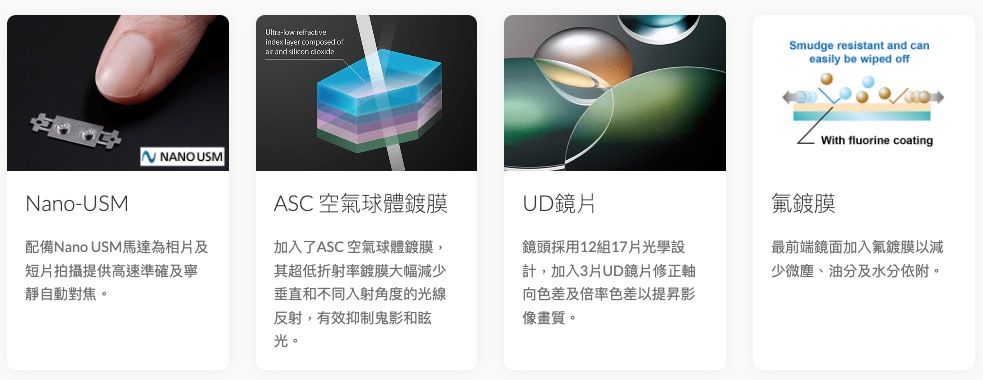 NanoUSMNANO USM配備Nano USM馬達為相片及短片拍攝提供高速準確及寧靜自動對焦。-   composed of and  Smudge resistant and caneasily be wiped offWith fluorine coatingASC 空氣球體UD镜片加入了ASC 空氣球體鍍膜,其超低折射率鍍膜大幅減少垂直和不同入射角度的光線反射,有效抑制鬼影和眩光。鏡頭採用12組17片光學設計,加入3片UD鏡片修正軸向色差及倍率色差以提昇影像畫質。鍍膜最前端鏡面加入鍍膜以減少微塵、油分及水分依附。