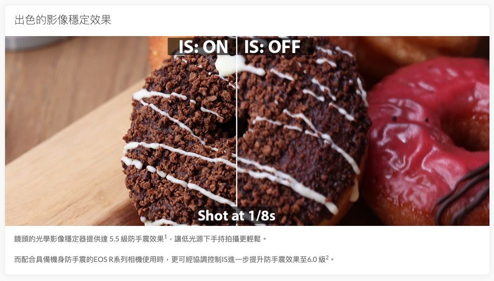 出色的影像穩定效果IS: ONIS: OFFShot at 1/鏡頭的光學影像穩定器提供達5.5級防手震效果,讓低光源下手持拍攝更輕鬆而配合具備機身防手震的EOS R系列相機使用時,更可經協調控制IS進一步提升防手震效果至6.0級。