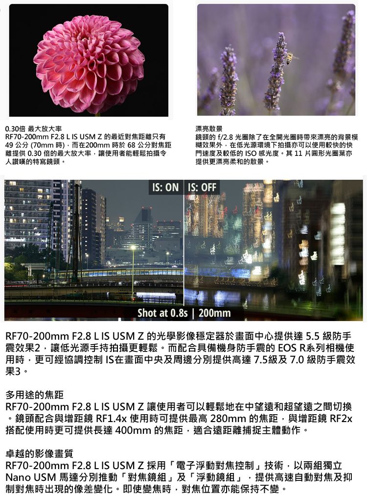 0.30倍 最大放大率RF70-200mm F2.8 L IS USM Z的最近對焦距離只有49 公分 (70mm )而在200mm 於68公分對焦距離提供 0.30倍的最大放大率,讓使用者能輕鬆拍攝令人讚嘆的特寫鏡頭漂亮散景鏡頭的 f/2.8 光圈除了在全開光圈時帶來漂亮的背景模糊效果外,在低光源環境下拍攝亦可以使用較快的快門速度及較低的ISO 感光度。其11圓形光圈葉亦提供更漂亮柔和的散景。IS: ON IS: OFFShot at  | 200mmRF70-200mm F2.8 L IS USMZ的光學影像穩定器於畫面中心提供達5.5級防手震效果2,讓低光源手持拍攝更輕鬆。而配合具備機身防手震的EOS R系列相機使用時,更可經協調控制IS在畫面中央及周邊分別提供高達7.5級及7.0級防手震效果3。多用途的焦距RF70-200mm F2.8 L IS USM Z讓使用者可以輕鬆地在中望遠和超望遠之間切換。鏡頭配合與增距鏡 RF1.4x 使用時可提供最高280mm 的焦距,與增距鏡 RF2x搭配使用時更可提供長達400mm 的焦距,適合遠距離捕捉主體動作。卓越的影像畫質RF70-200mm F2.8 L IS USMZ 採用「電子浮動對焦控制」技術,以兩組獨立Nano USM 馬達分別推動「對焦鏡組」及「浮動鏡組」,提供高速自動對焦及抑制對焦時出現的像差變化。即使變焦時,對焦位置亦能保持不變。